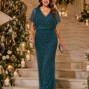 Long Beaded V-Neck Dress 708