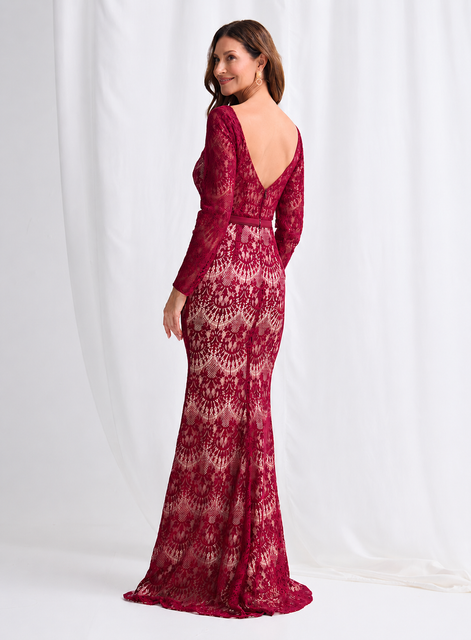 Long Sleeved Lace Dress With Sheer Neckline 831