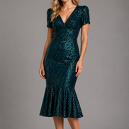 Fit & Flare Sequin V-Neck Midi Dress with Cap Sleeves 1534