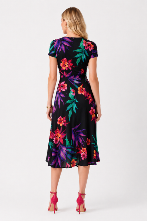 Silky Knit Tropical Print Wrap Dress 1592