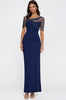 Long Navy Sheath Dress With Pearl Embellished Tulle Overlay 852