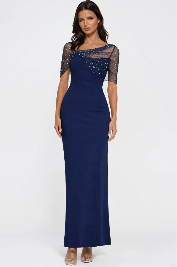 Long Navy Sheath Dress With Pearl Embellished Tulle Overlay 852