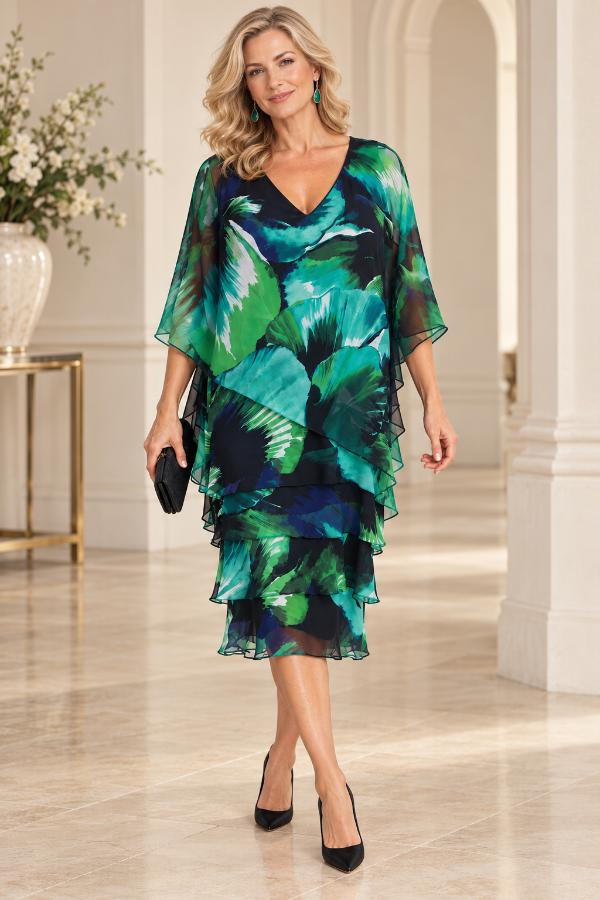 Floral Printed Chiffon Midi Dress With Draped Sleeves 874