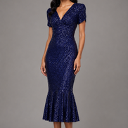 Fit & Flare Sequin V-Neck Midi Dress with Cap Sleeves 1534