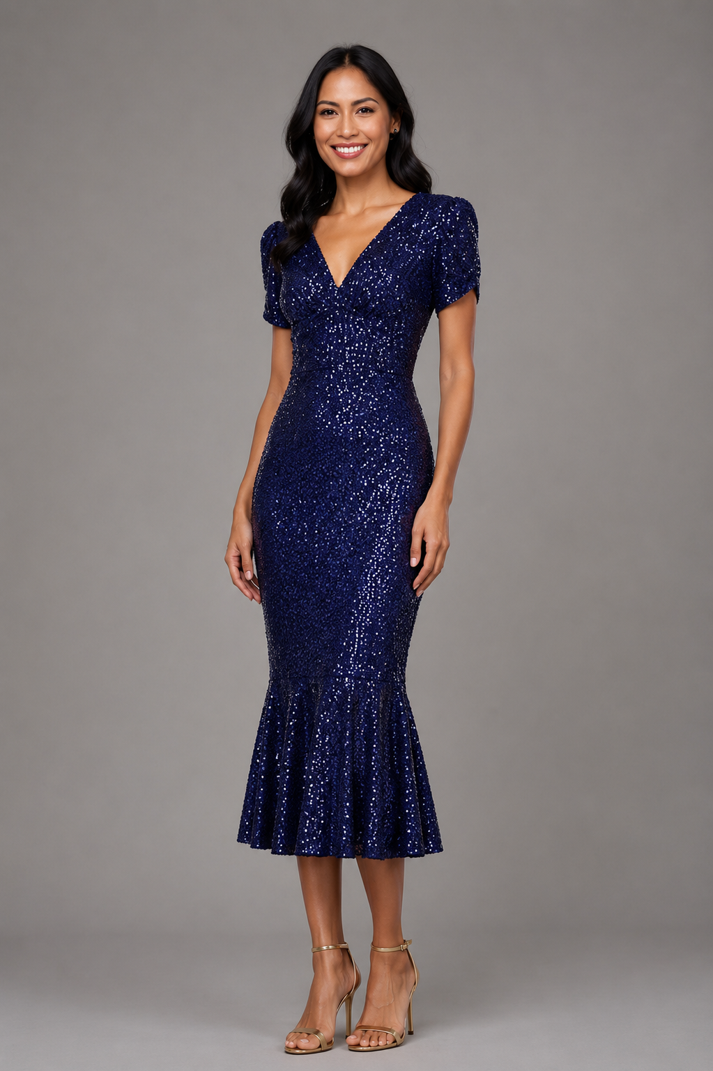 Fit & Flare Sequin V-Neck Midi Dress with Cap Sleeves 1534