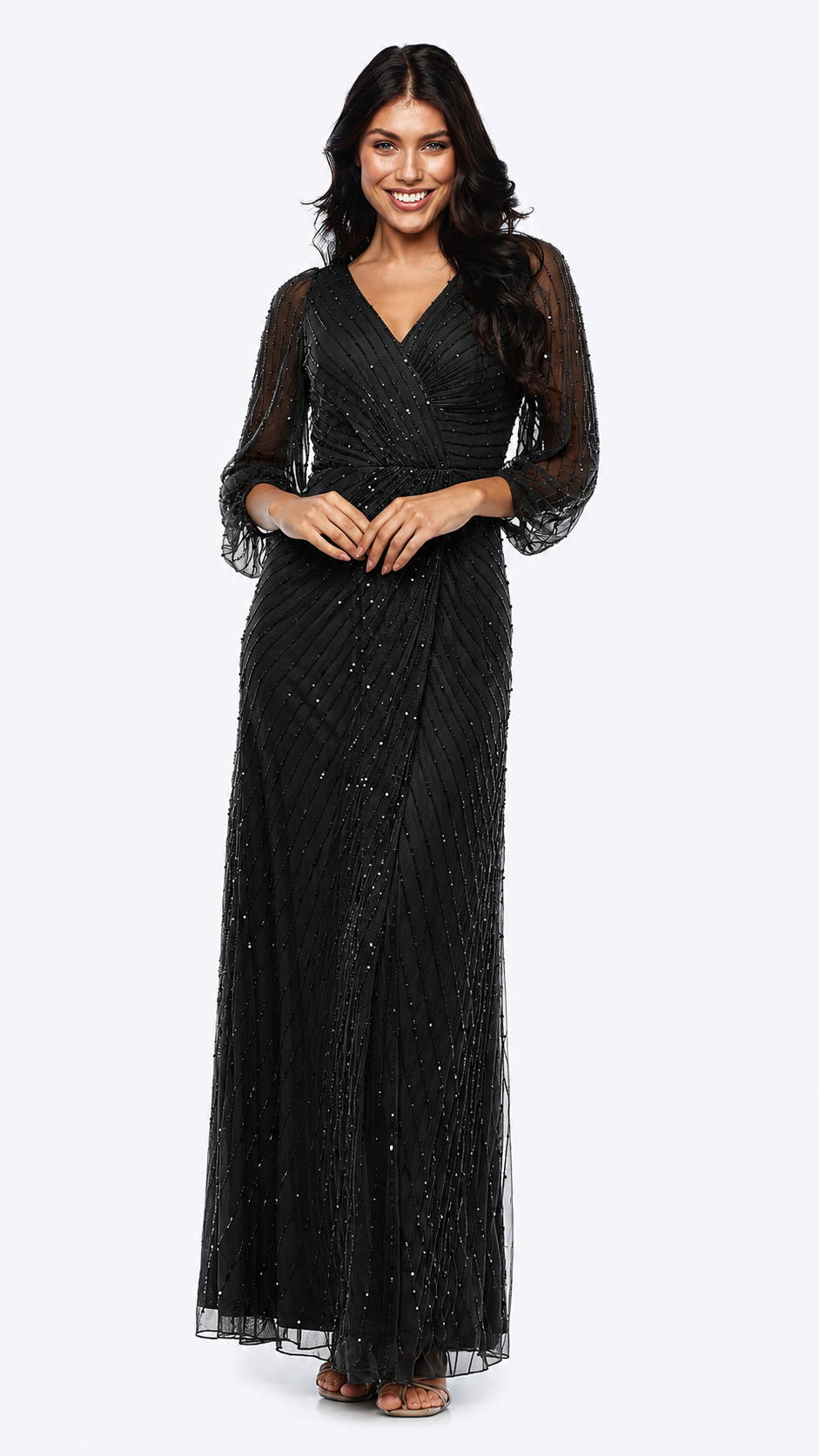 Long Sequin Wrap Dress with Peasant Sleeve - SALE 308