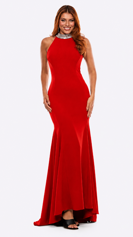 Long Stretch Crepe Dress with Diamante Neck Collar 722