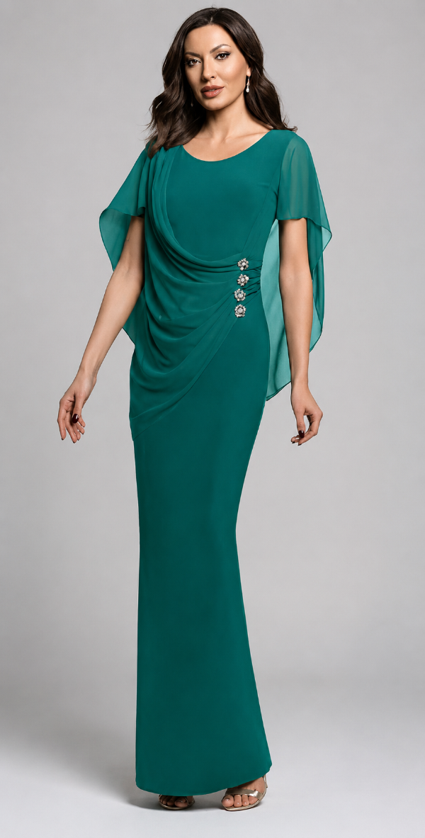 Elegant Cape Gown with Diamante Waist Detail 395