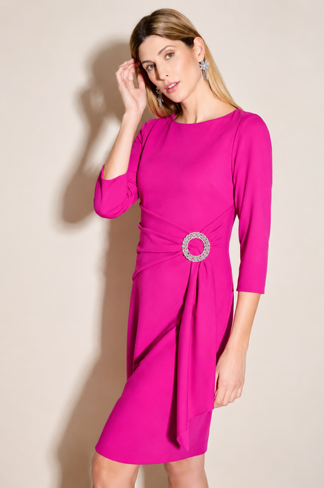 3/4 Sleeved Crepe Dress with Brooch 724