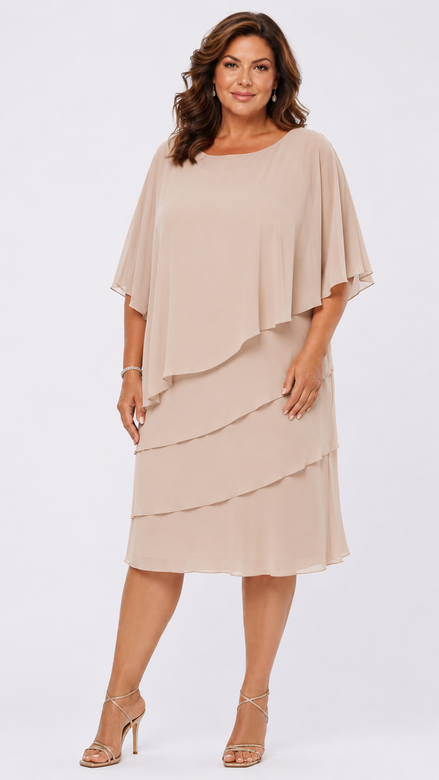 Knee Length Chiffon Layered Dress with Overlay 1577