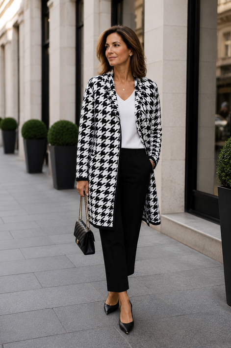 Thigh Length Knit Houndstooth Jacket 834