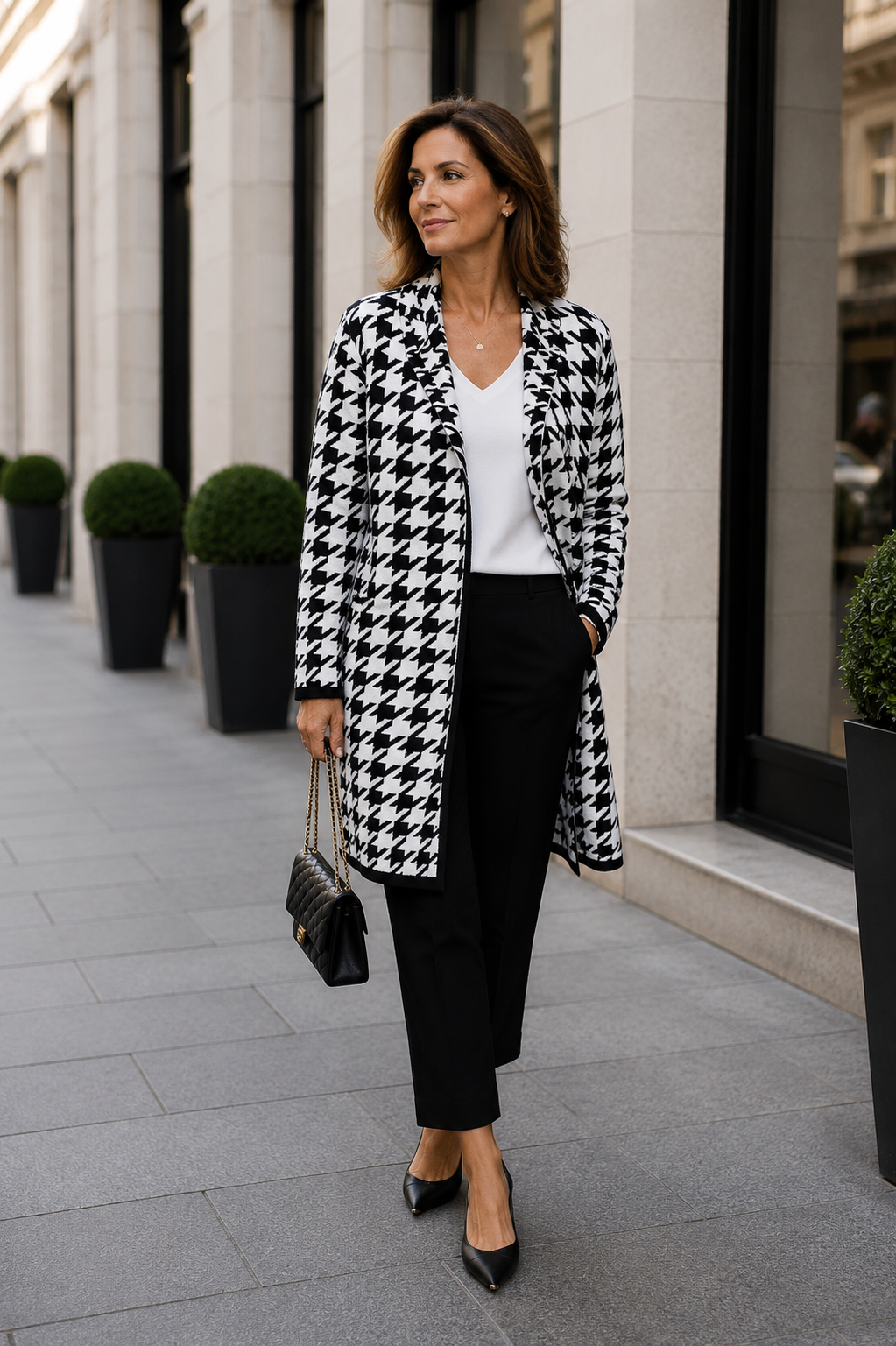Thigh Length Knit Houndstooth Jacket 834