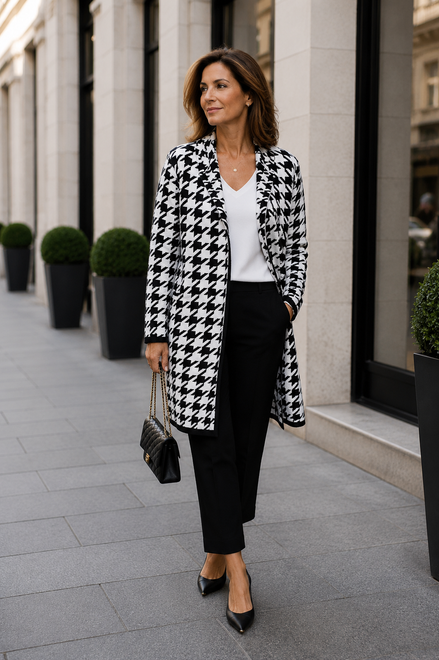 Thigh Length Knit Houndstooth Jacket 834