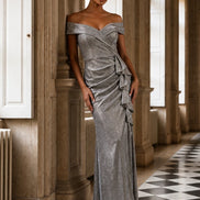 Long Shimmering Off Shoulder Dress with Cascading Frill 848