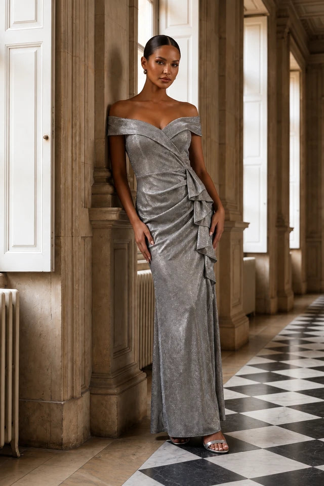Long Shimmering Off Shoulder Dress with Cascading Frill 848