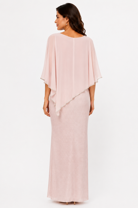 Long Chiffon Asymmetrical Overlay Dress with Rhinestone Trim 389