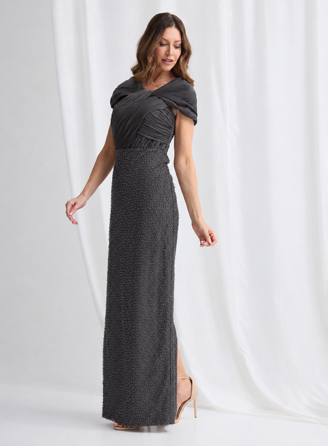 Embellished Long Dress with Cross Over Neckline and Caped Sleeve 832