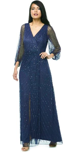 Long Sequin Wrap Dress with Peasant Sleeve - SALE