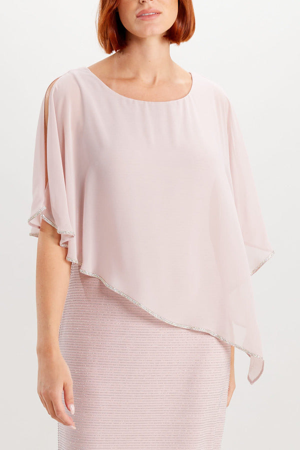 Long Chiffon Asymmetrical Overlay Dress with Rhinestone Trim