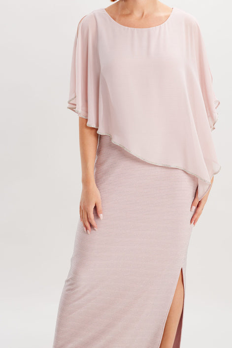 Long Chiffon Asymmetrical Overlay Dress with Rhinestone Trim