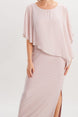 Long Chiffon Asymmetrical Overlay Dress with Rhinestone Trim 389