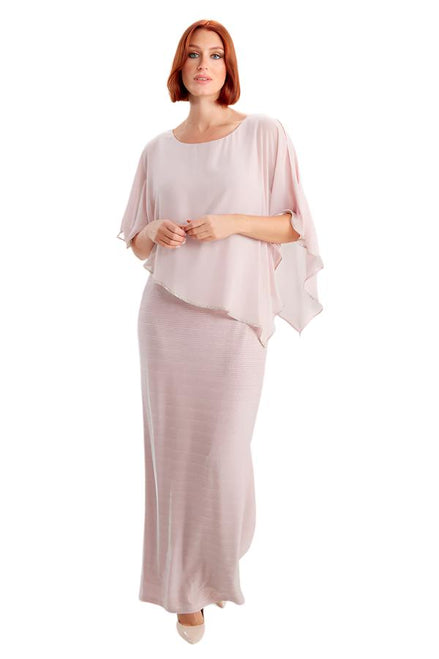 Long Chiffon Asymmetrical Overlay Dress with Rhinestone Trim