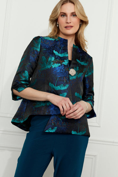 Floral Hip Length A-Line Button Jacket