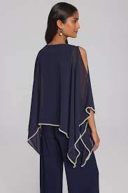 Chiffon and Silky Knit Poncho Top with Pearl Trim