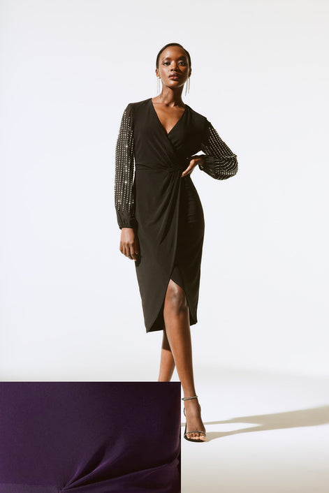 Beaded Sleeve Chiffon Wrap Dress