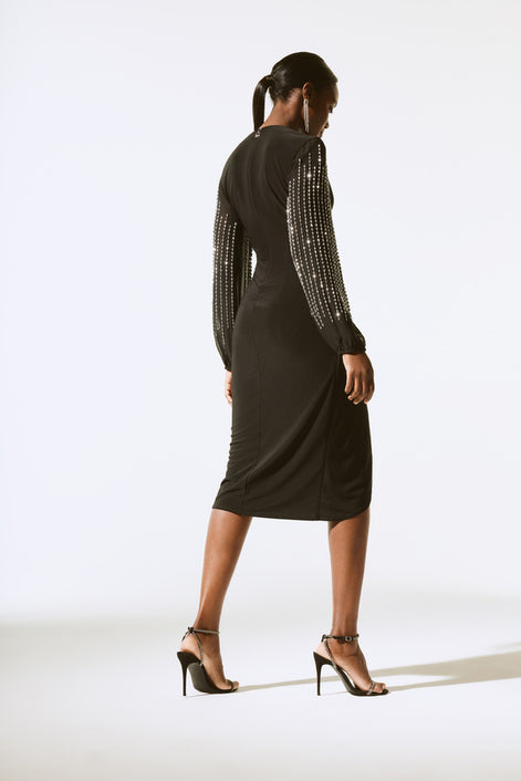 Beaded Sleeve Chiffon Wrap Dress