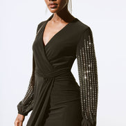 Beaded Sleeve Chiffon Wrap Dress 1525