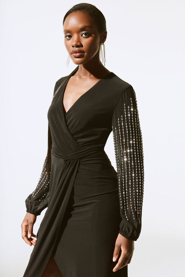Beaded Sleeve Chiffon Wrap Dress 1525