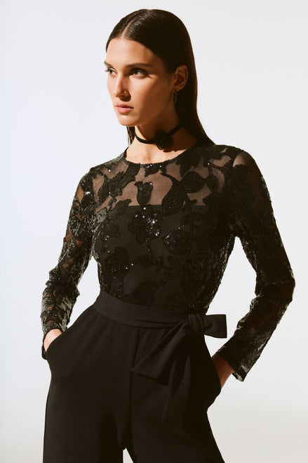 Long Sleeved Sequined Brocade Jumpsuit