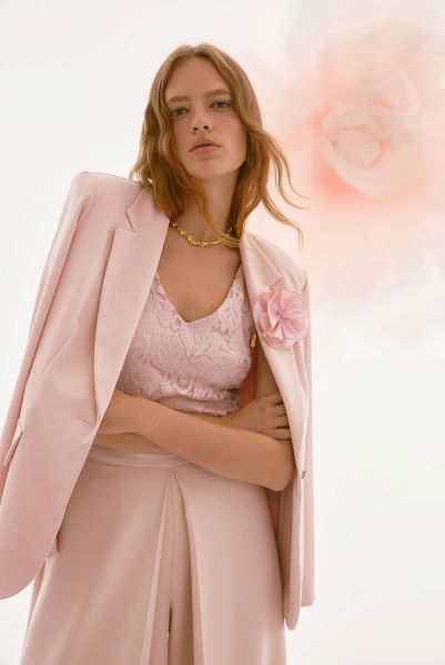 Woven Crepe Blazer with Sequin Flower