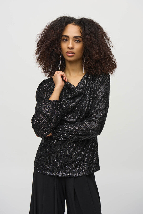 Black Sequined Cowl Neck Top