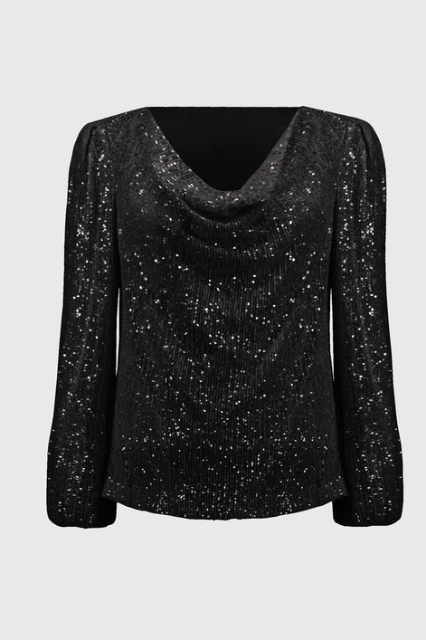 Black Sequined Cowl Neck Top