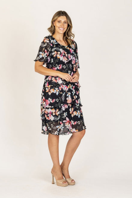 Printed Layered Chiffon Dress with Short Sleeves