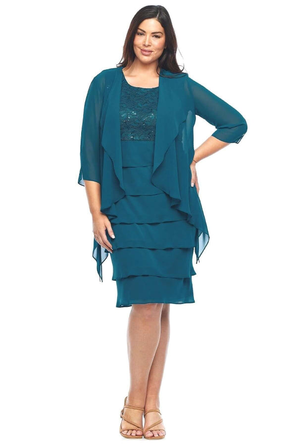 Two piece Knee Length Dress with Layered Skirt and Chiffon Jacket 496
