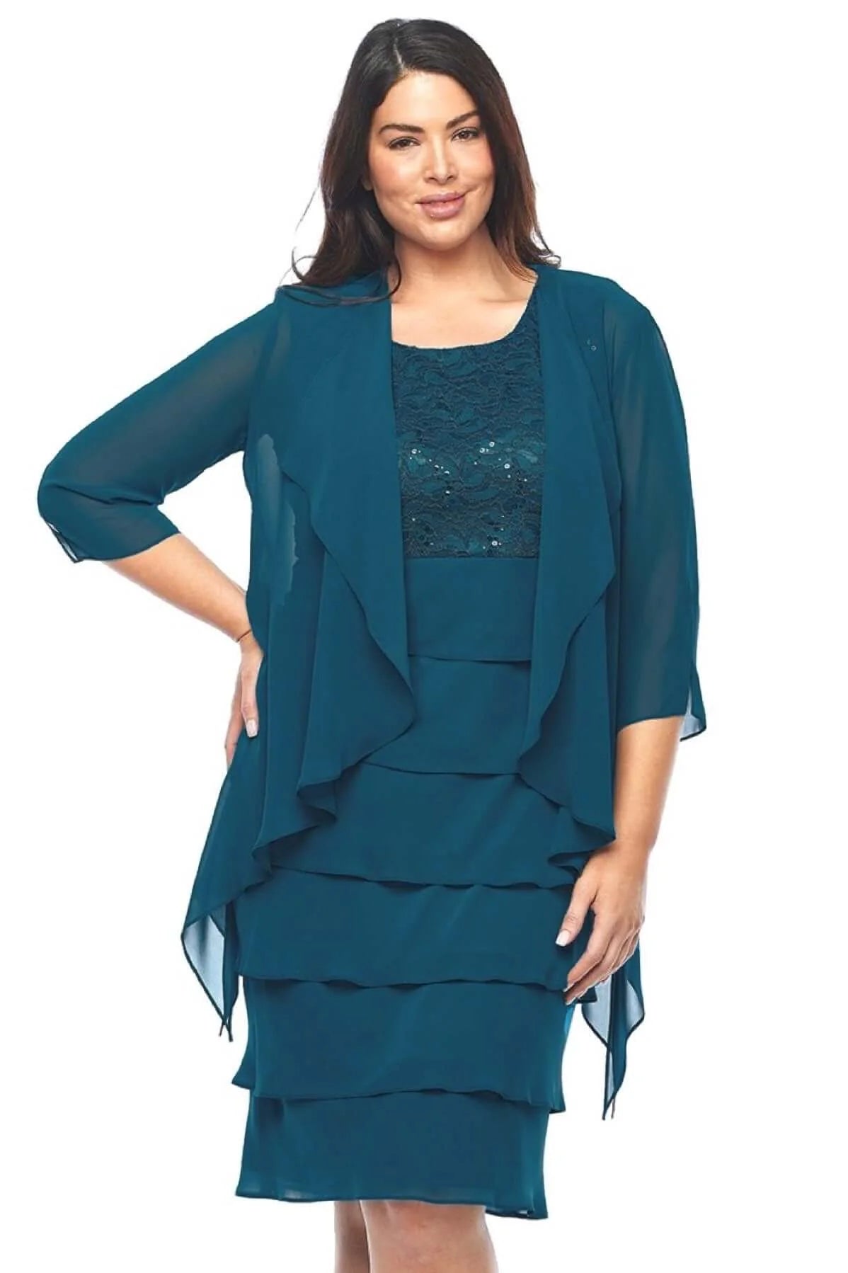 Two piece Knee Length Dress with Layered Skirt and Chiffon Jacket 496