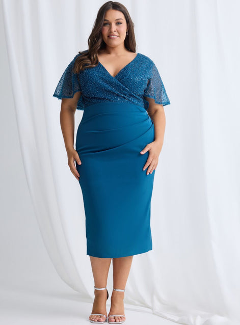 Midi Length Beaded Bodice Dress with Cap Sleeves