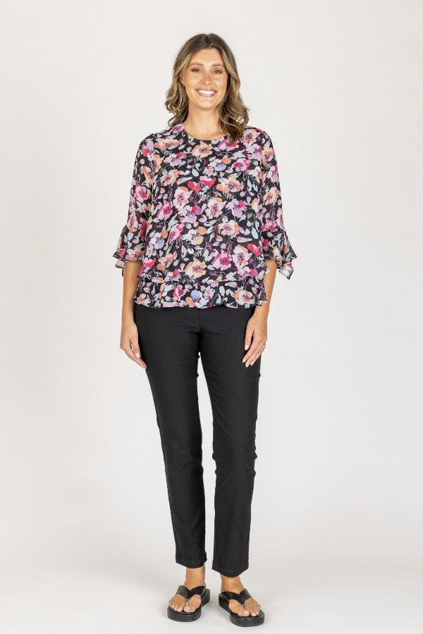 Layered Chiffon Top With 3/4 Sleeve