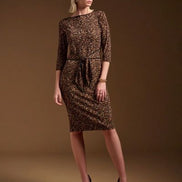 Knee Length Animal Print Sheath Dress with Belt 1556