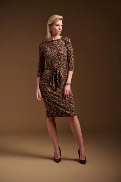 Knee Length Animal Print Sheath Dress with Belt 1556