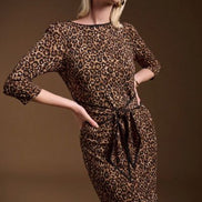 Knee Length Animal Print Sheath Dress with Belt 1556
