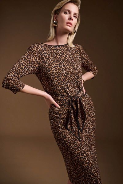 Knee Length Animal Print Sheath Dress with Belt