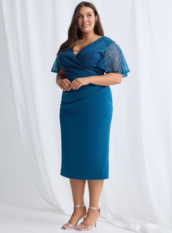 Midi Length Beaded Bodice Dress with Cap Sleeves
