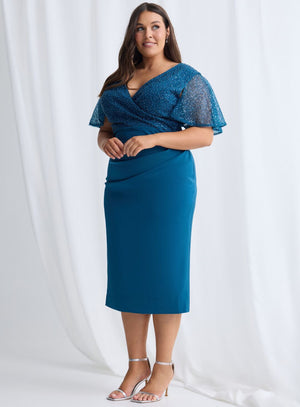 Midi Length Beaded Bodice Dress with Cap Sleeves