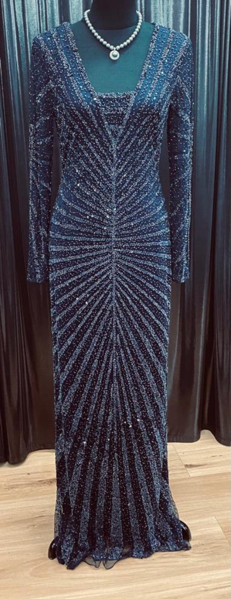 Long Beaded Gown with V-Neckline with Modesty Panel