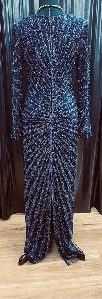 Long Beaded Gown with V-Neckline with Modesty Panel